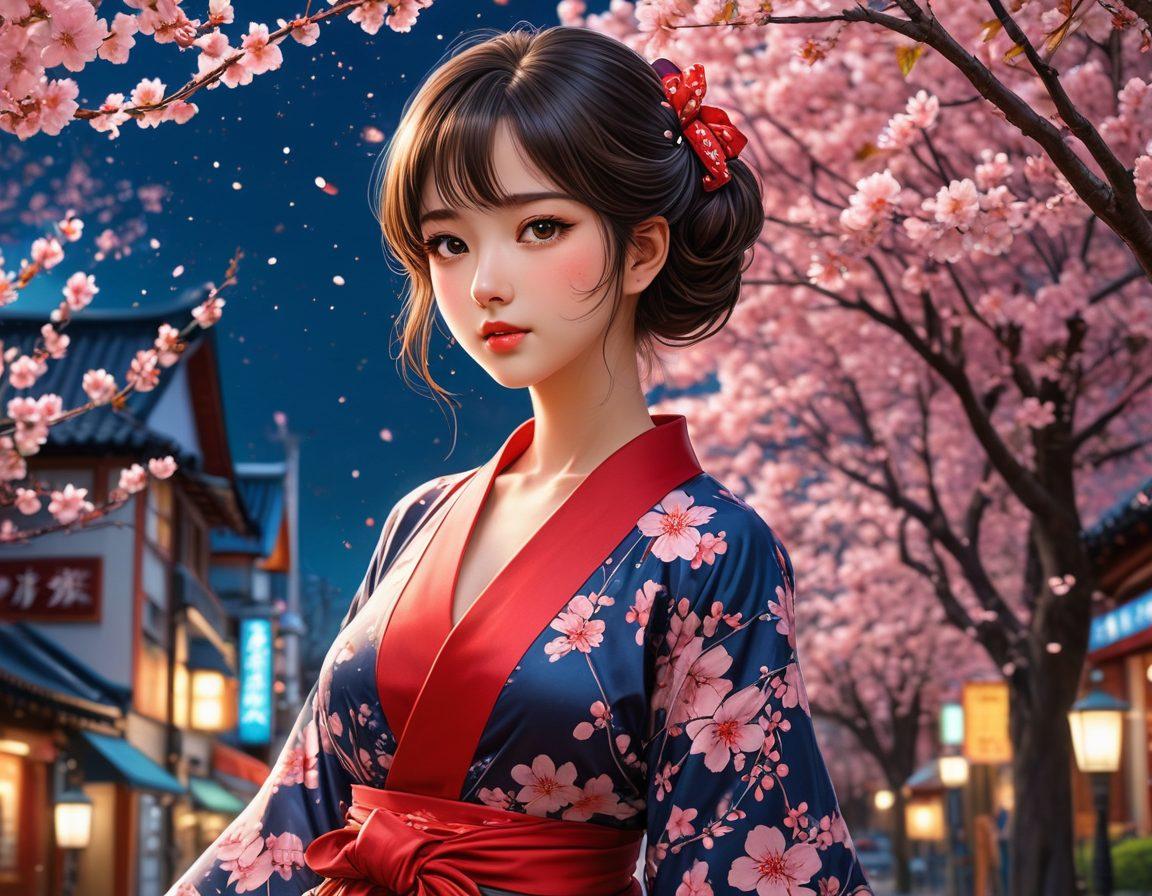 An intriguing scene that captures the essence of adult manga, featuring a whimsical, seductive character amidst a vibrant manga-style backdrop. The character's expressive features and captivating pose should evoke a sense of storytelling and intimacy, with rich colors and playful; elements like comic panels subtly integrated in the background. Include details like cherry blossoms and night lights to enhance the allure. manga art style. vibrant colors. dynamic composition.